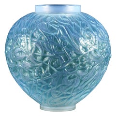 Vintage French Art Deco Opalescent Glass Vase "Blue Gui" by René Lalique