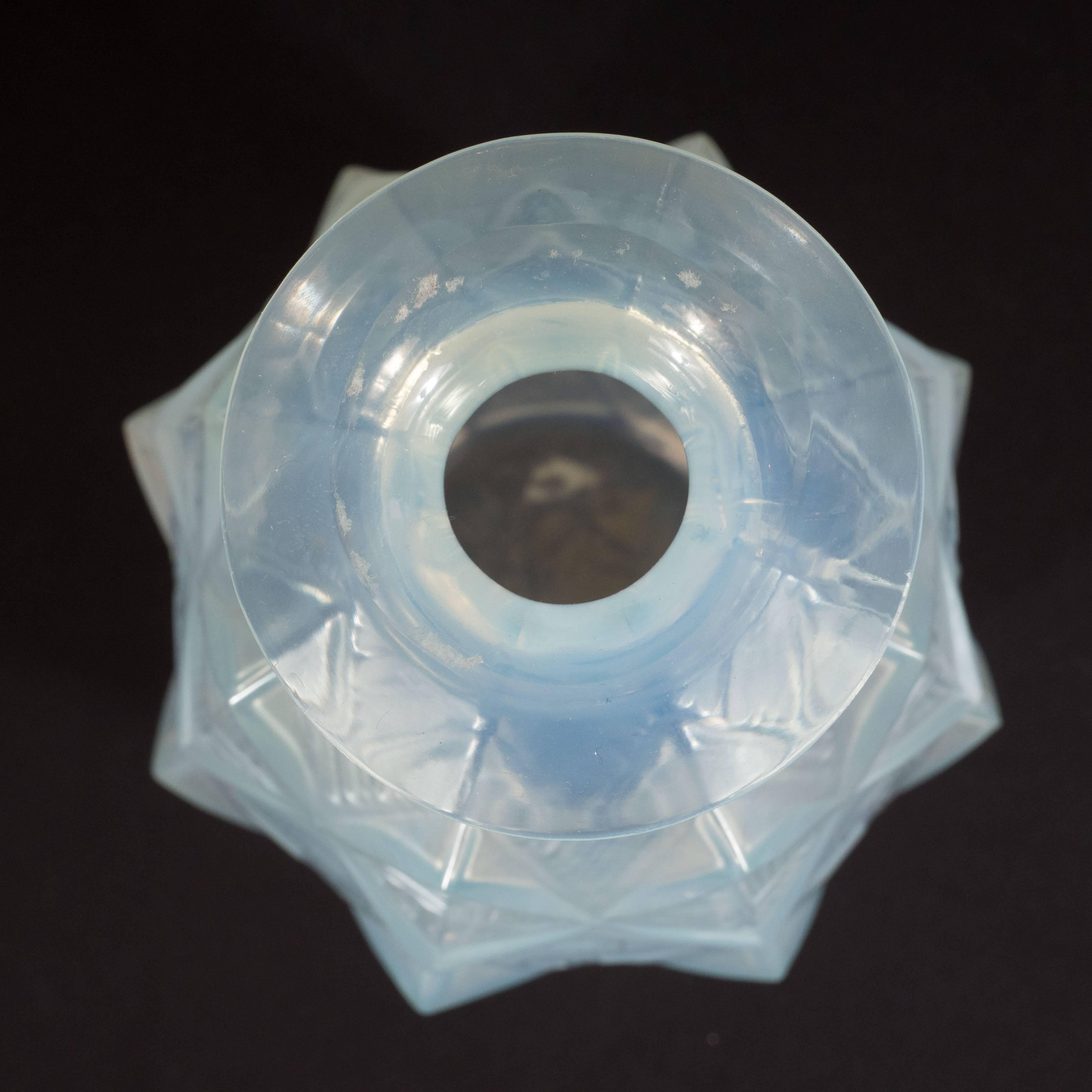 Art Glass French Art Deco Opalescent Glass Vase with Raised Geometric Patterns by Sabino