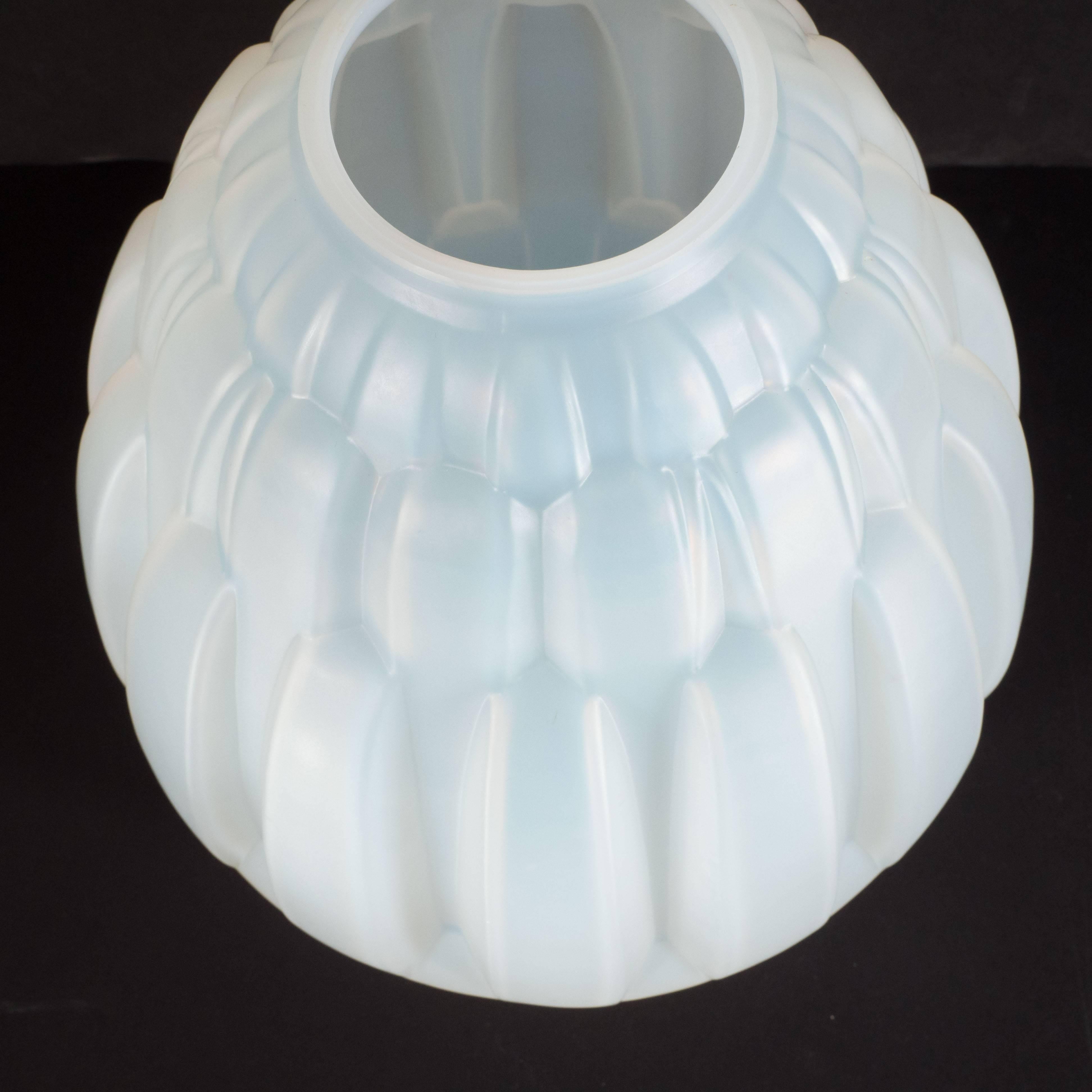 French Art Deco Opalescent Glass Vase with Streamlined Bands by Andre Hunebelle 1