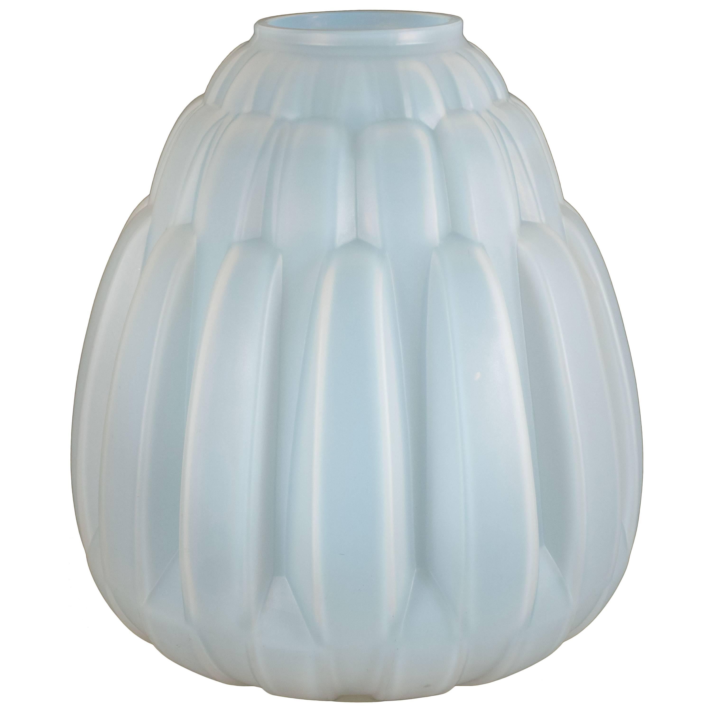 French Art Deco Opalescent Glass Vase with Streamlined Bands by Andre Hunebelle
