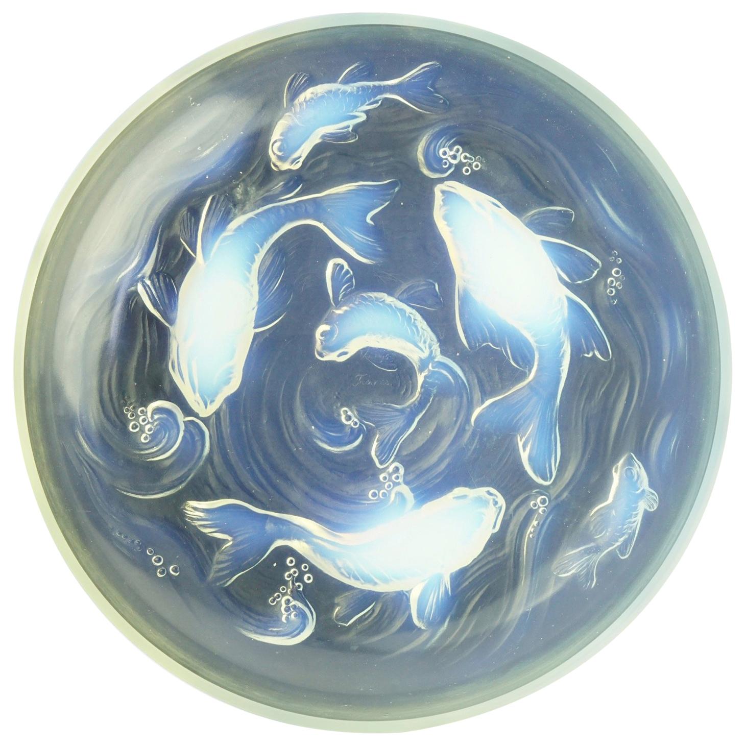 French Art Deco Opalescent Pressed Glass Bowl with Fish For Sale