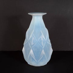 French Art Deco Opalescent Vase with Geometric Patterns in Relief Signed Sabino