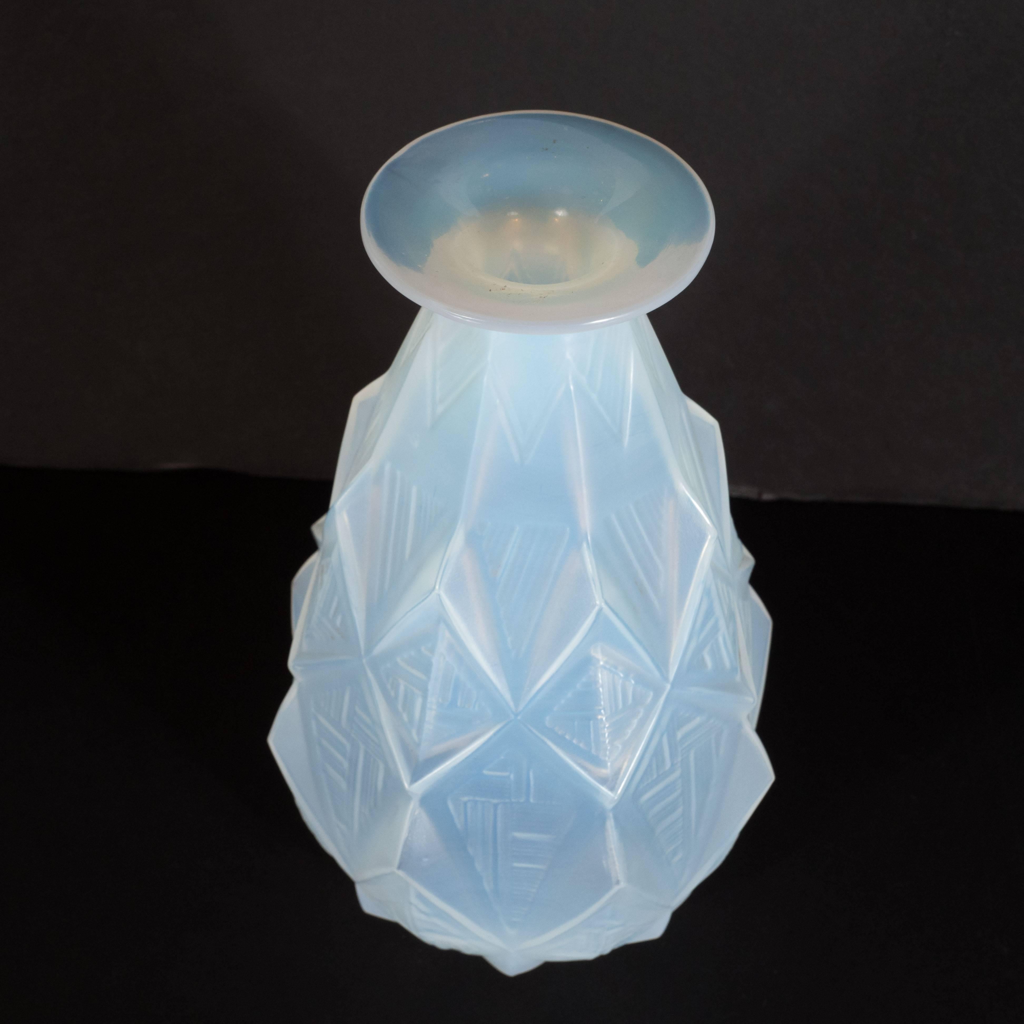 French Art Deco Opalescent Vase with Geometric Patterns in Relief Signed Sabino In Excellent Condition In New York, NY