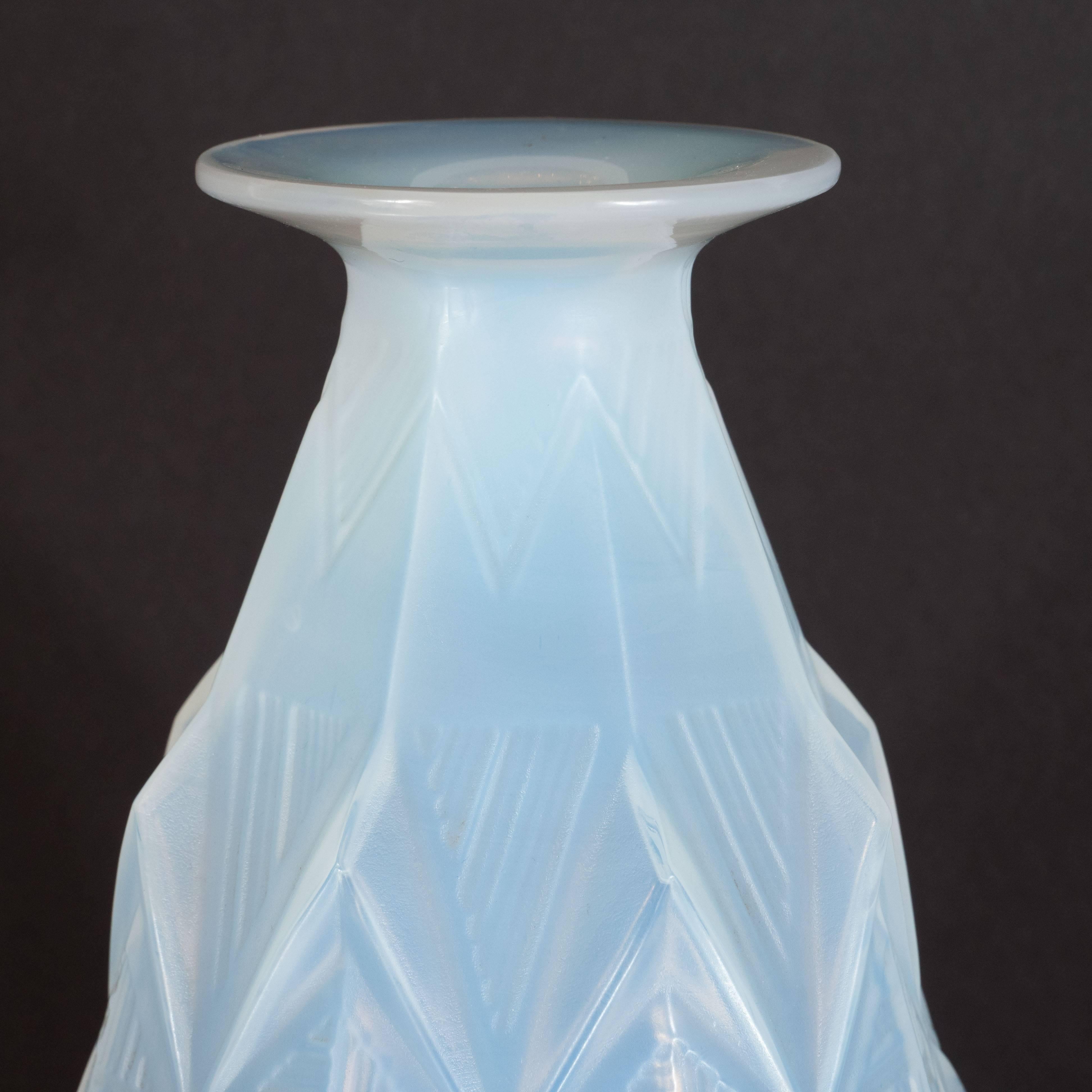Glass French Art Deco Opalescent Vase with Geometric Patterns in Relief Signed Sabino
