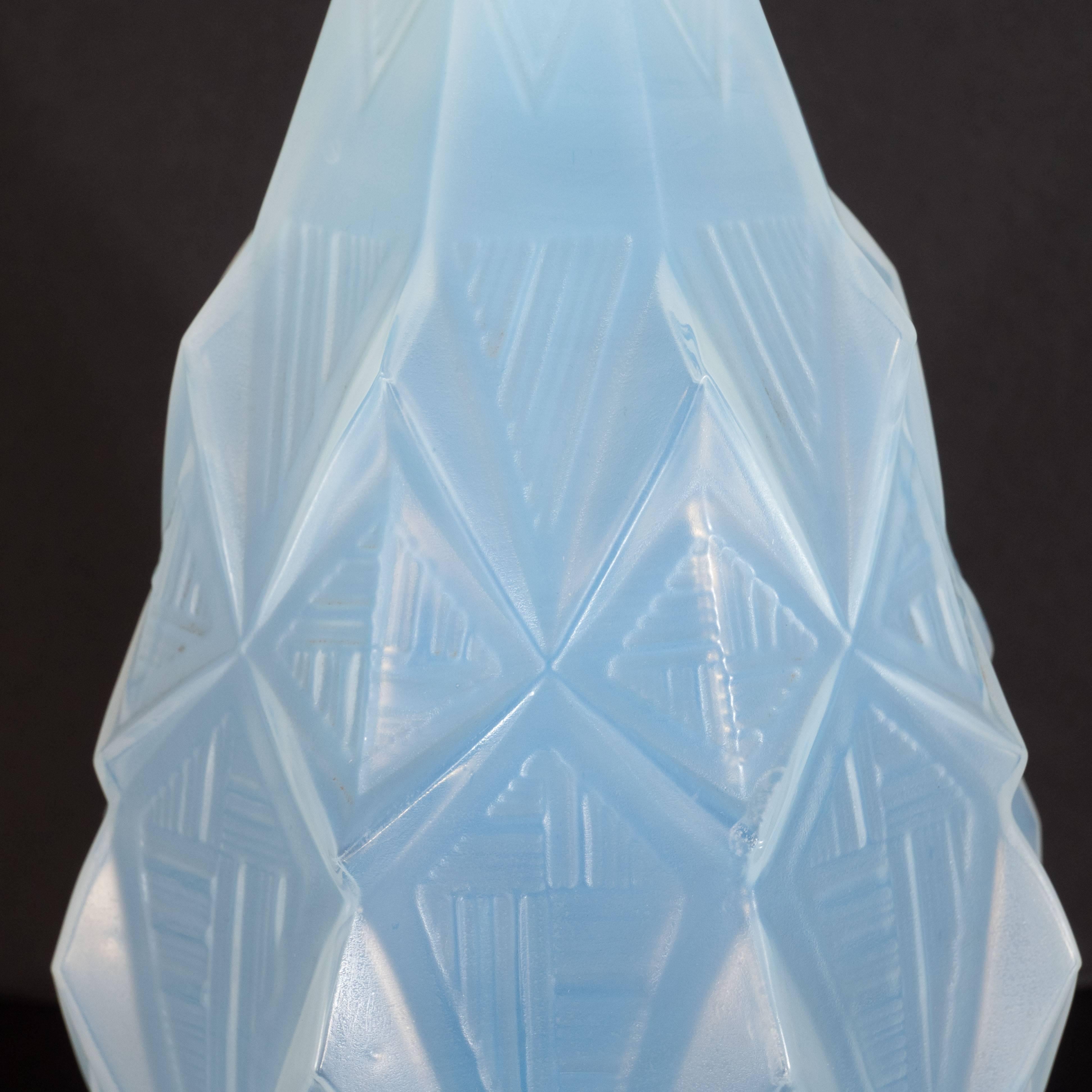French Art Deco Opalescent Vase with Geometric Patterns in Relief Signed Sabino 1
