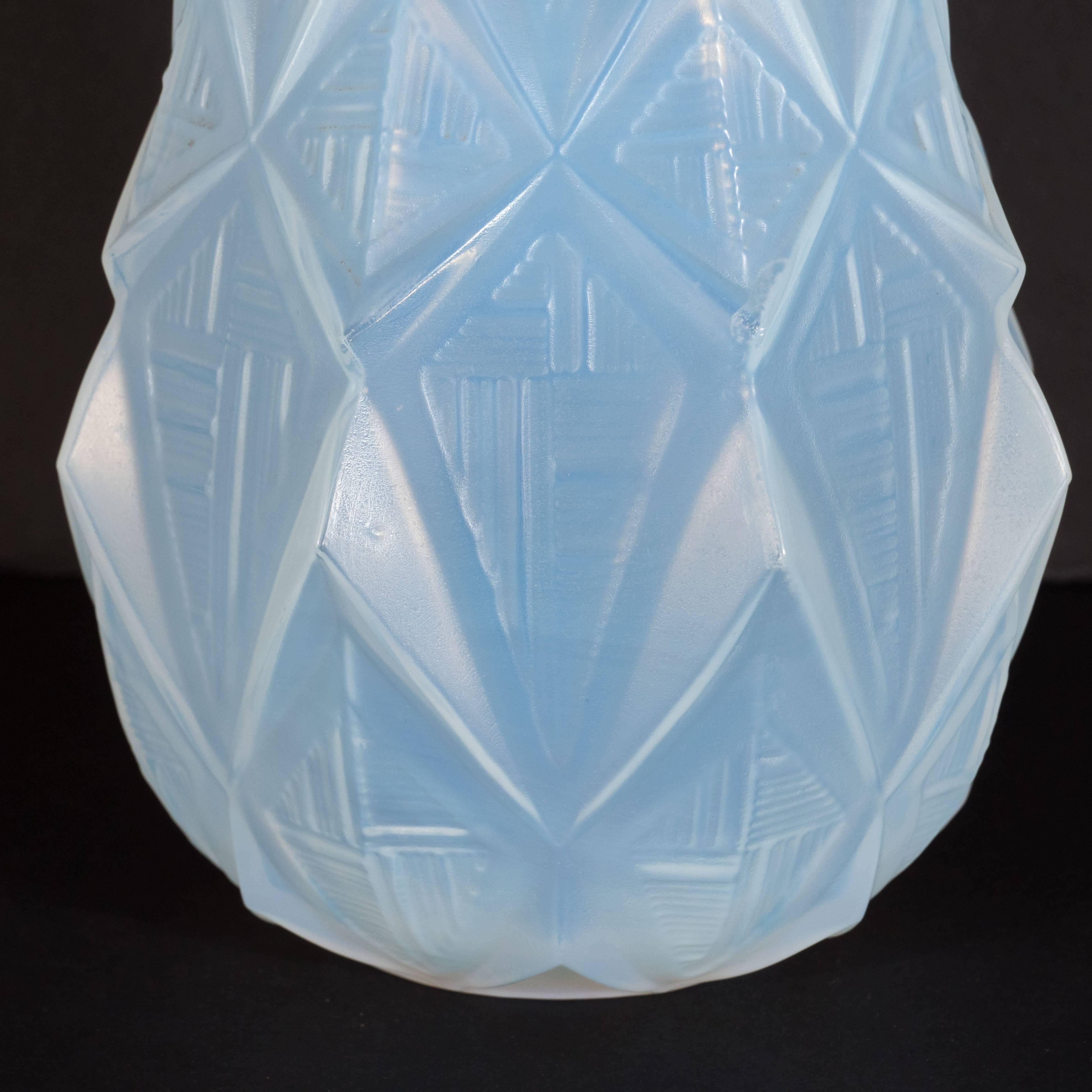 French Art Deco Opalescent Vase with Geometric Patterns in Relief Signed Sabino 2