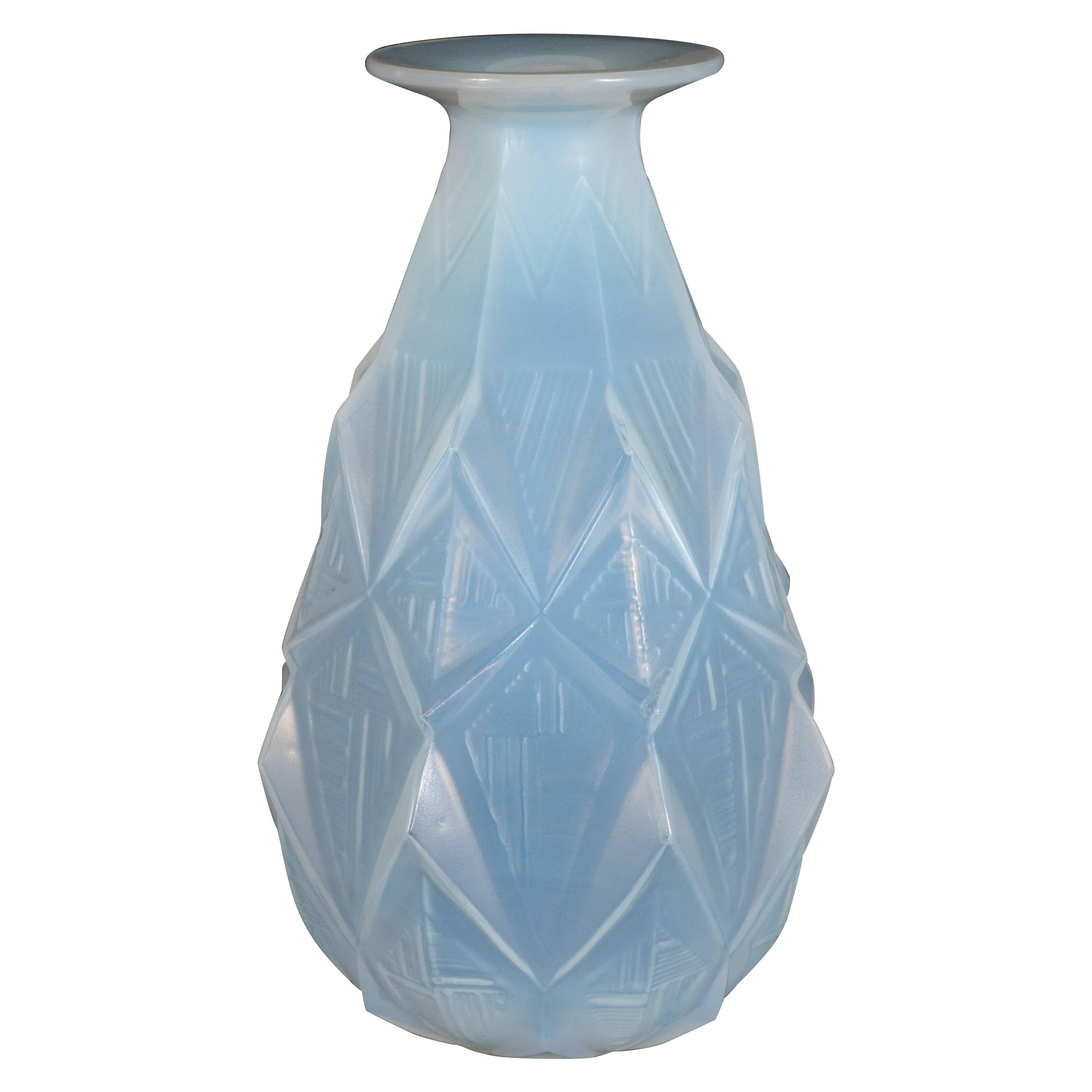 French Art Deco Opalescent Vase with Geometric Patterns in Relief Signed Sabino
