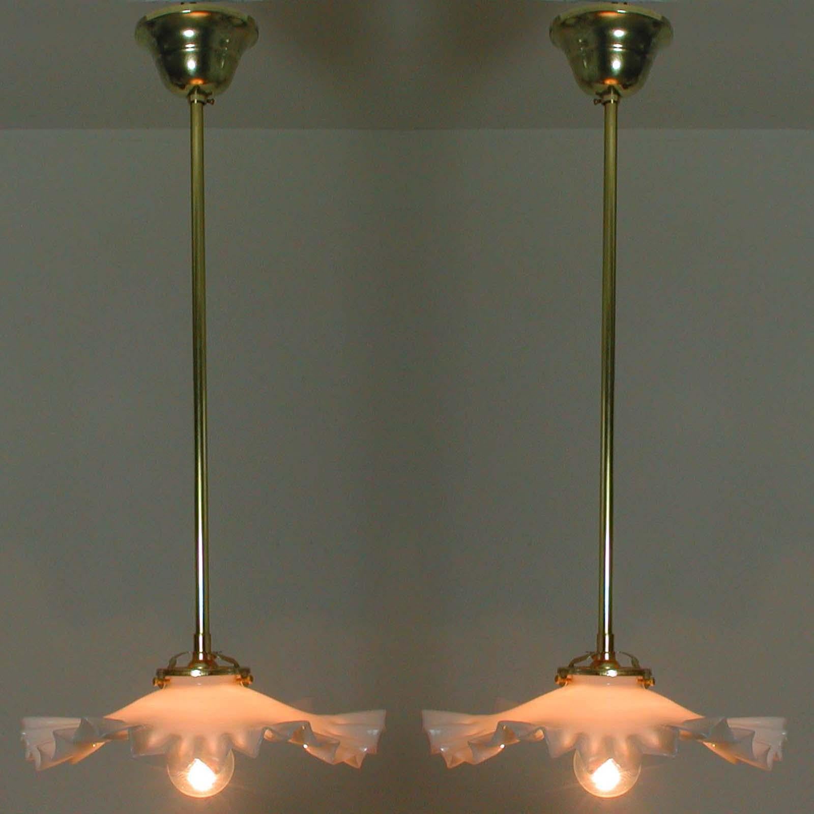 French Art Deco Opaline Glass and Brass Pendants, 1930s-1940s, Set of 2 10