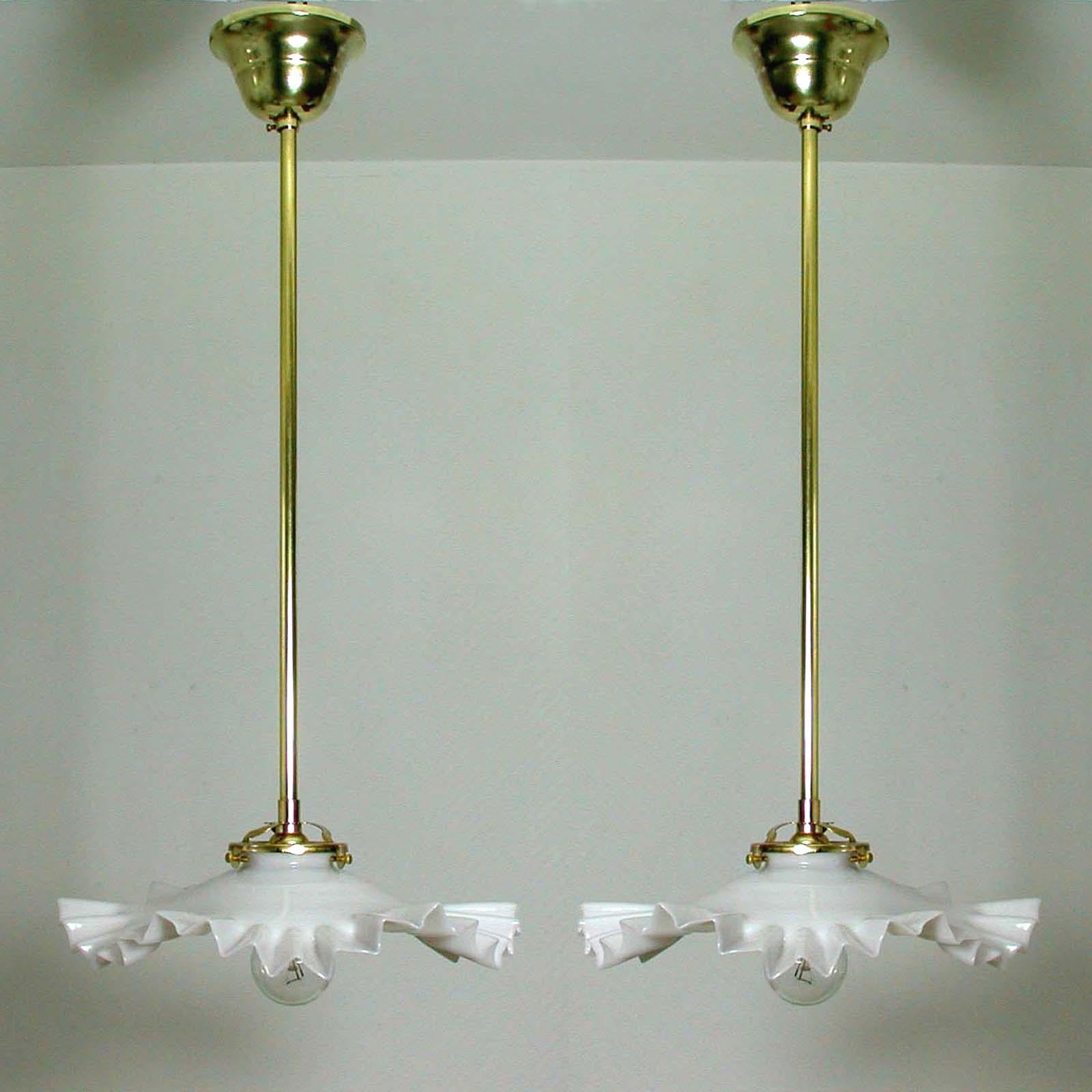 French Art Deco Opaline Glass and Brass Pendants, 1930s-1940s, Set of 2 In Good Condition In NUEMBRECHT, NRW