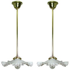 French Art Deco Opaline Glass and Brass Pendants, 1930s-1940s, Set of 2