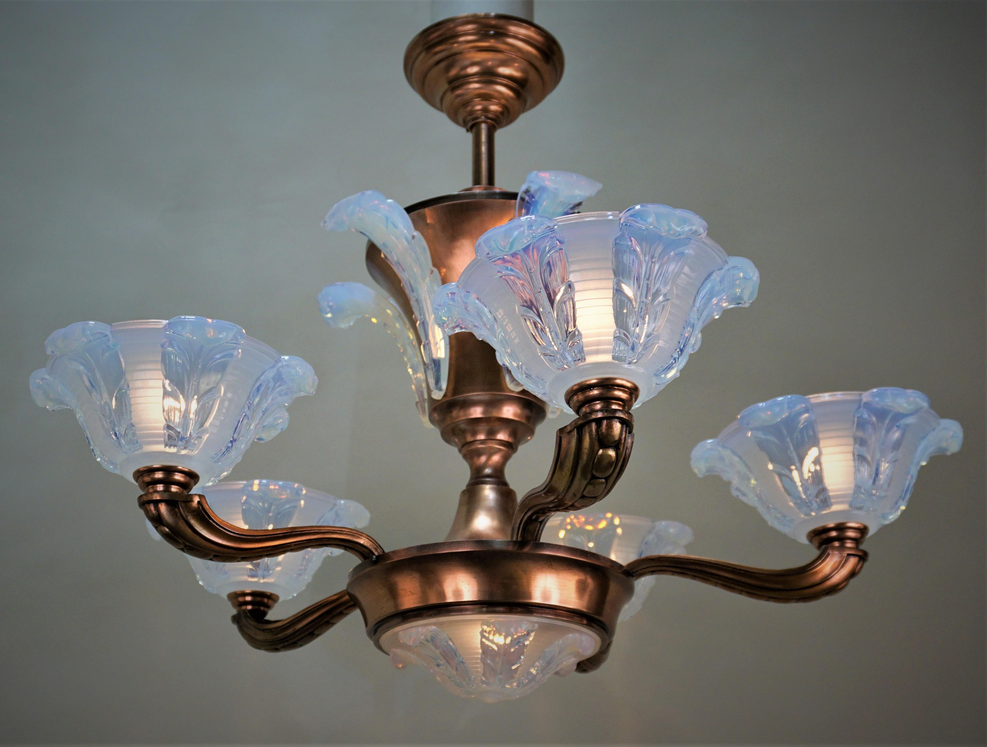 Feather design opaline glass and copper fish chandelier by Ezan.