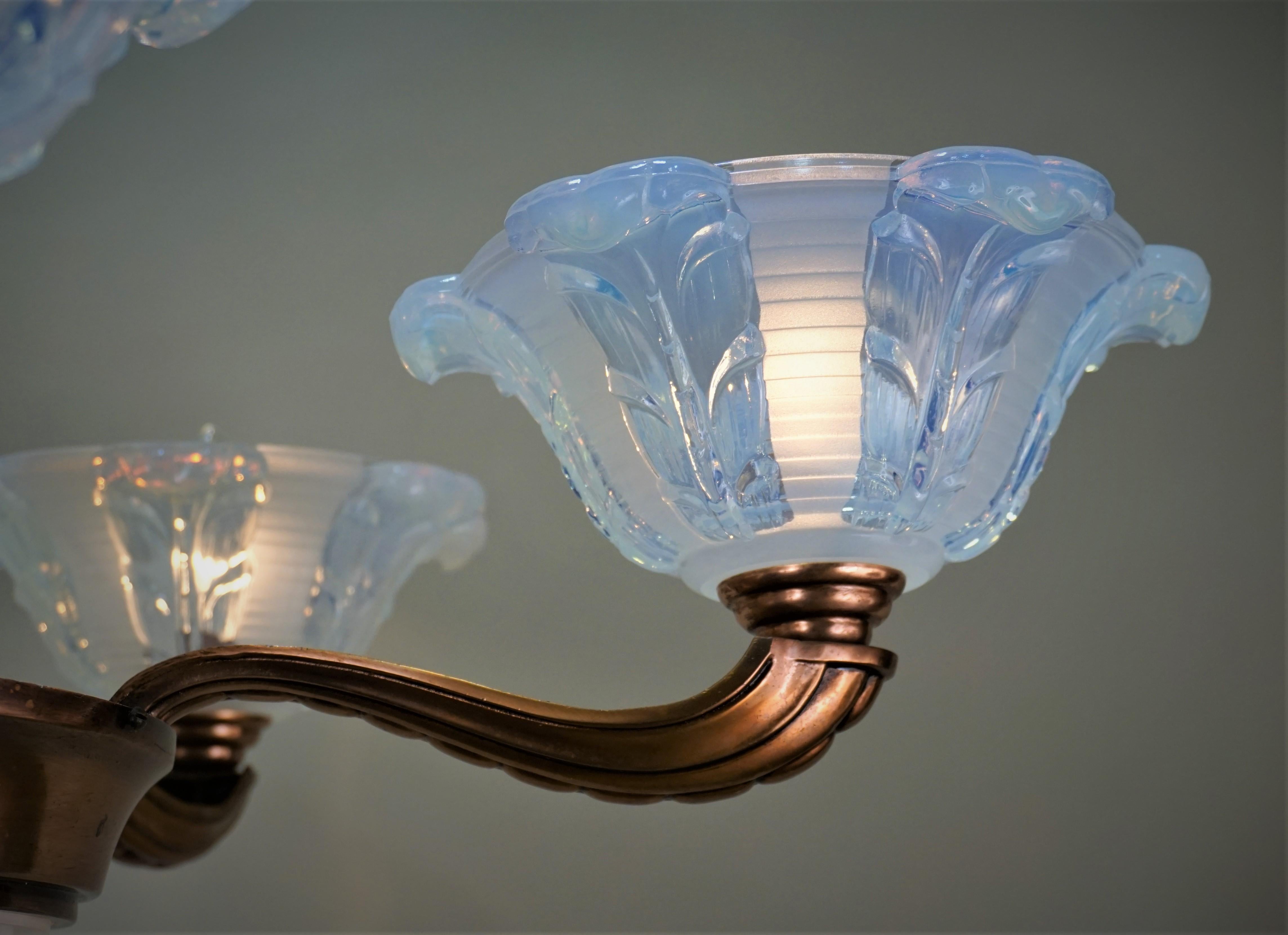 Plated French Art Deco Opaline Glass Chandelier by Ezan, 5