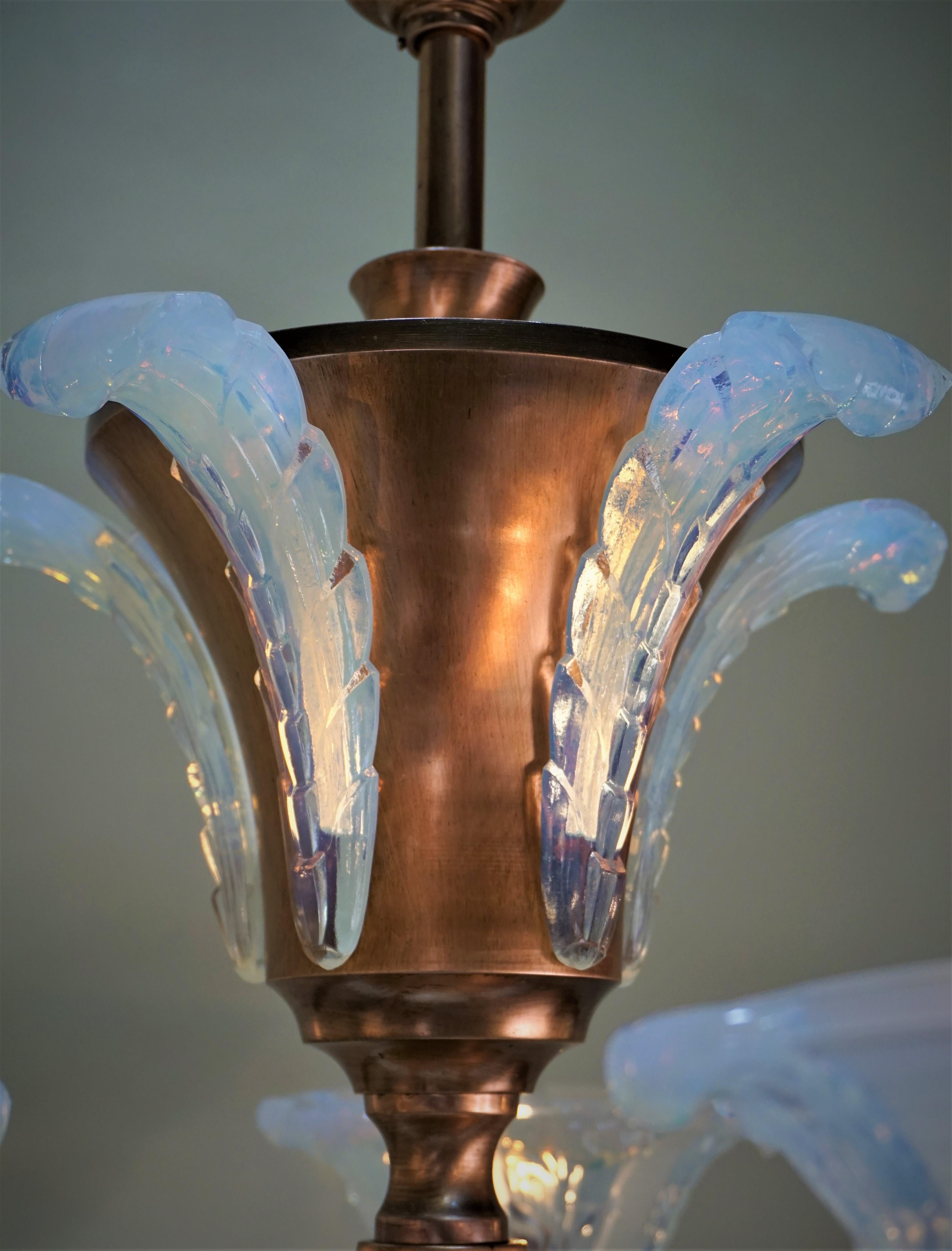 French Art Deco Opaline Glass Chandelier by Ezan, 5 In Good Condition In Fairfax, VA