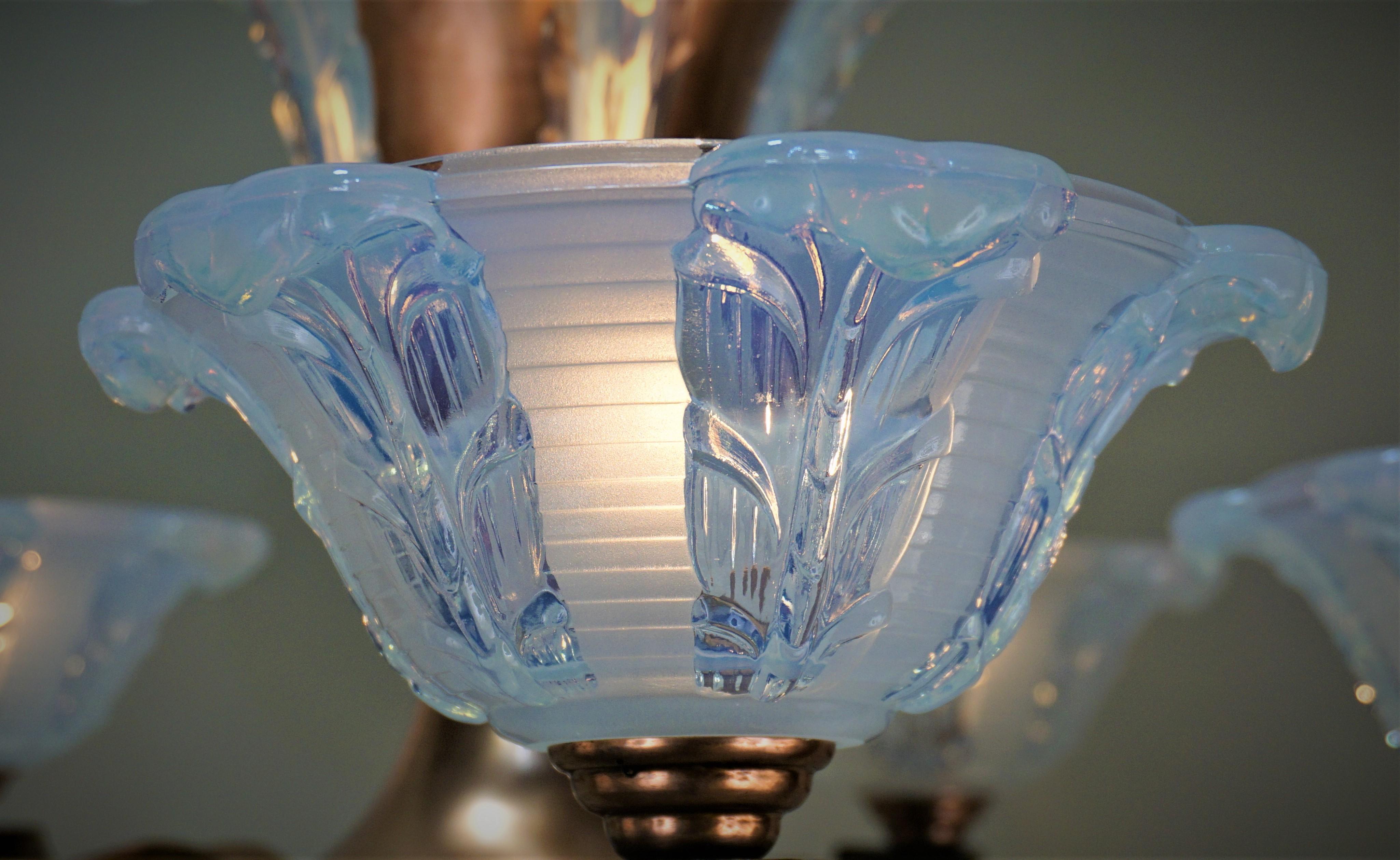 French Art Deco Opaline Glass Chandelier by Ezan, 5 3