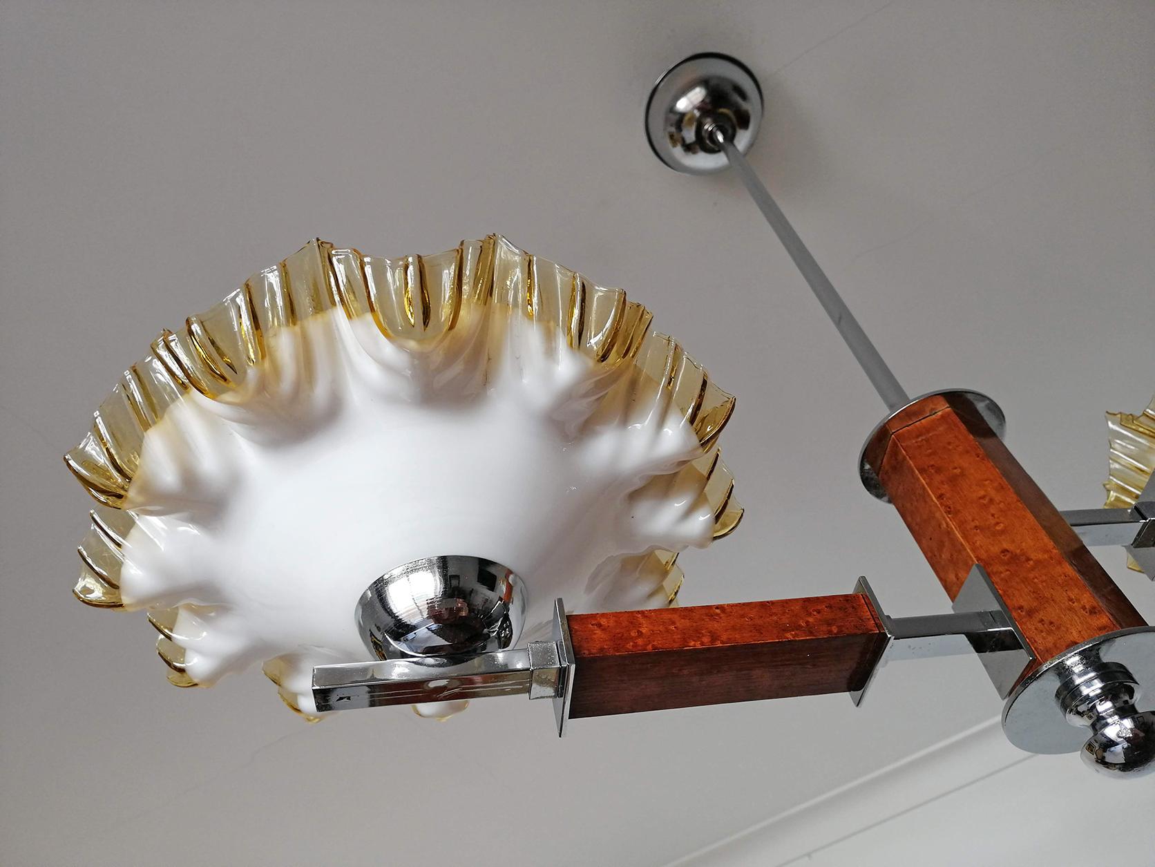 French Art Deco Opaline Ruffled Amber Art Glass Shades Wood & Chrome Chandelier For Sale 4