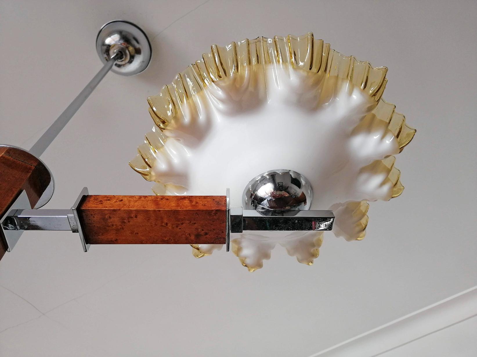 French Art Deco Opaline Ruffled Amber Art Glass Shades Wood & Chrome Chandelier For Sale 5