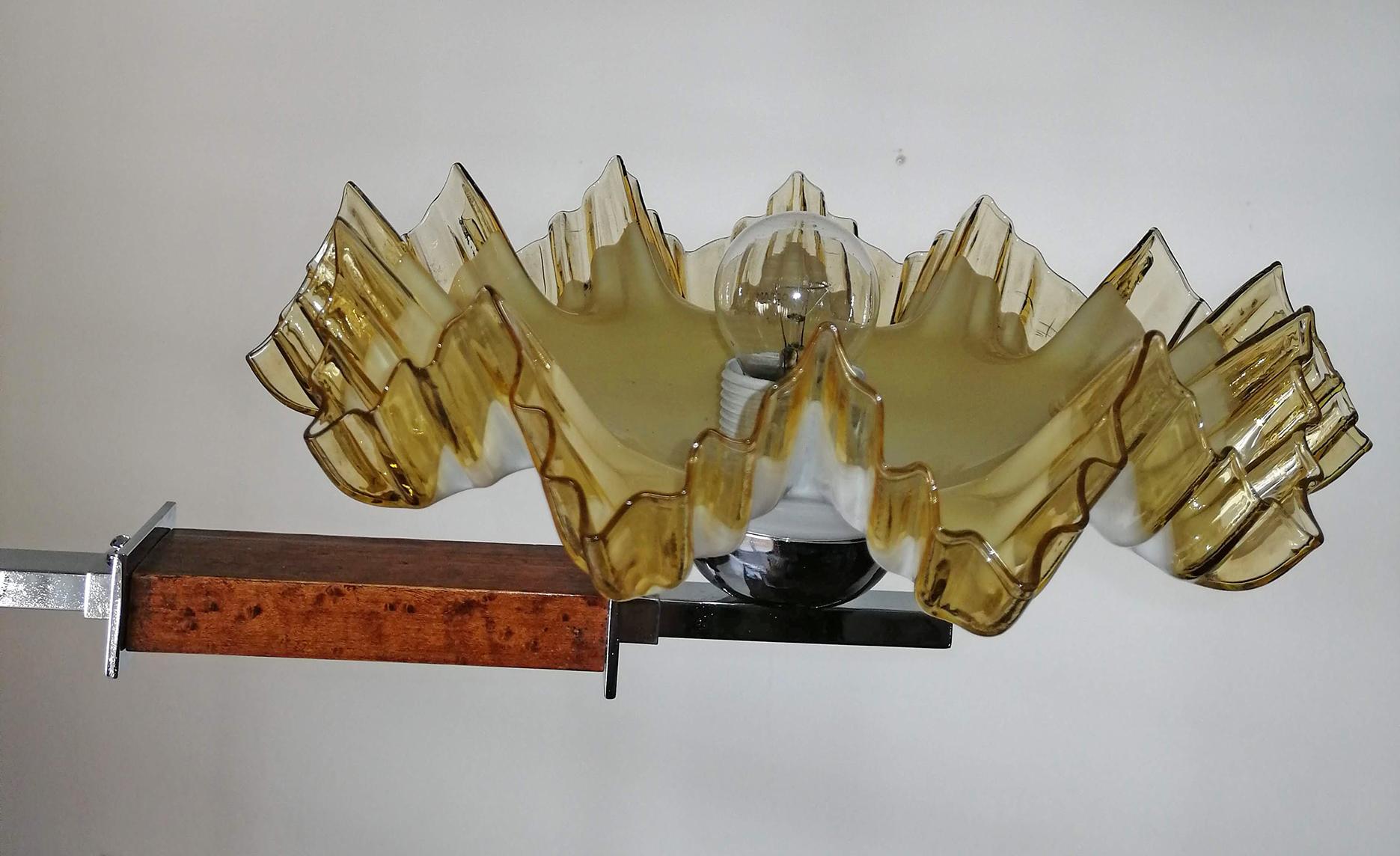 French Art Deco Opaline Ruffled Amber Art Glass Shades Wood & Chrome Chandelier For Sale 6