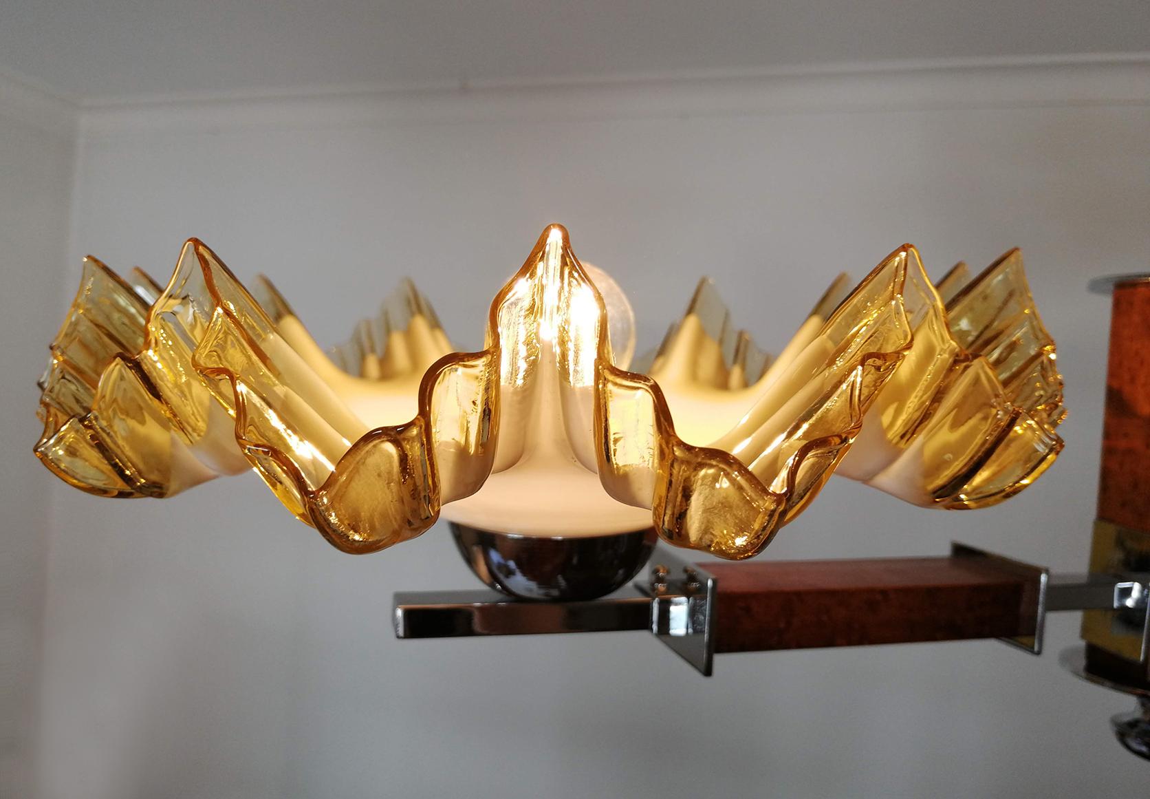 French Art Deco Opaline Ruffled Amber Art Glass Shades Wood & Chrome Chandelier For Sale 9