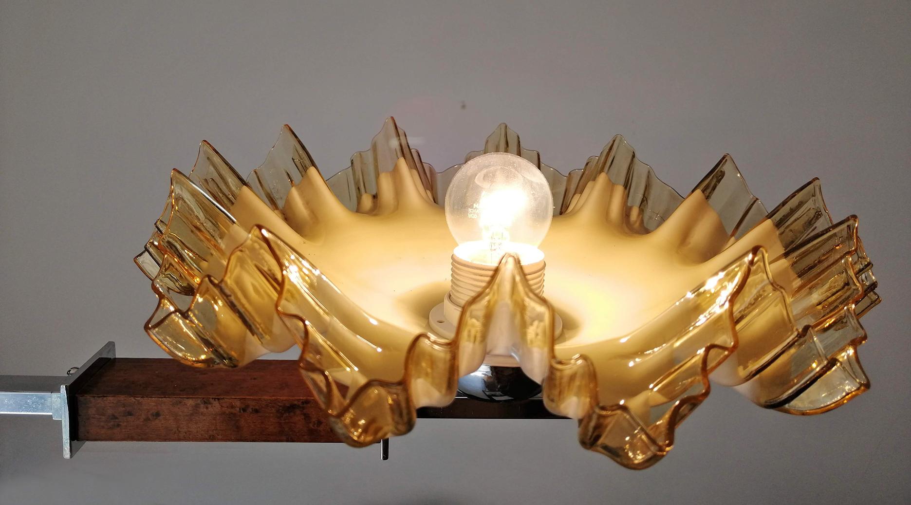 French Art Deco Opaline Ruffled Amber Art Glass Shades Wood & Chrome Chandelier For Sale 10