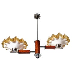 French Art Deco Opaline Ruffled Amber Art Glass Shades Wood & Chrome Chandelier
