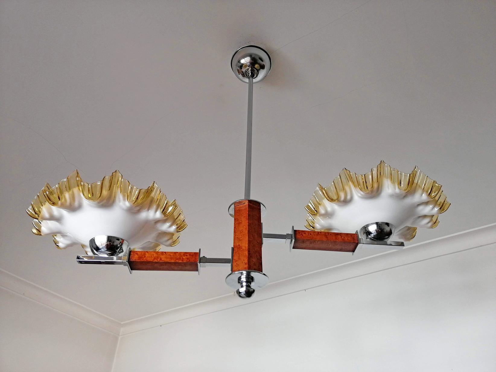 Hand-Crafted French Art Deco Opaline Ruffled Amber Art Glass Shades Wood & Chrome Chandelier For Sale
