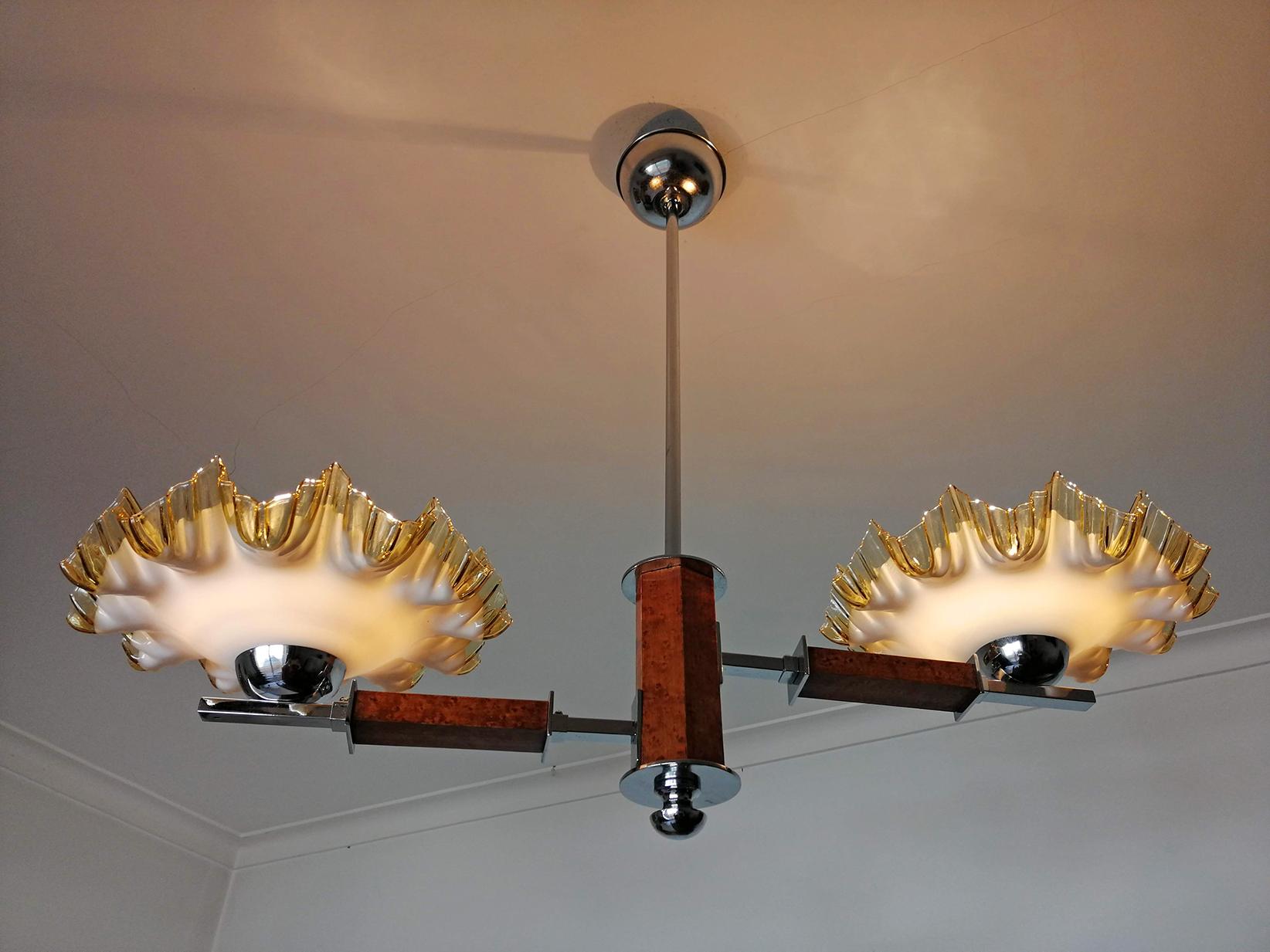 French Art Deco Opaline Ruffled Amber Art Glass Shades Wood & Chrome Chandelier For Sale 1