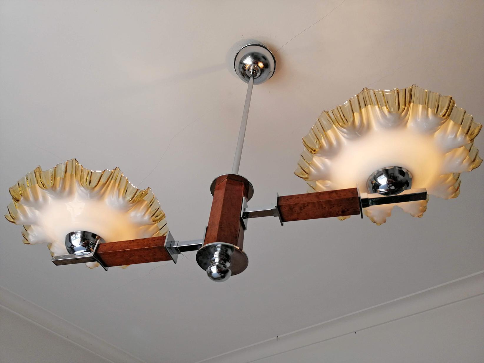 French Art Deco Opaline Ruffled Amber Art Glass Shades Wood & Chrome Chandelier For Sale 2