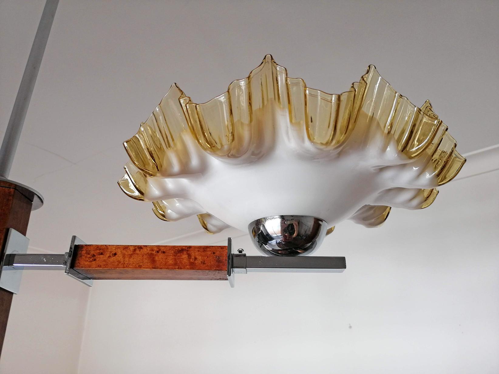 French Art Deco Opaline Ruffled Amber Art Glass Shades Wood & Chrome Chandelier For Sale 3