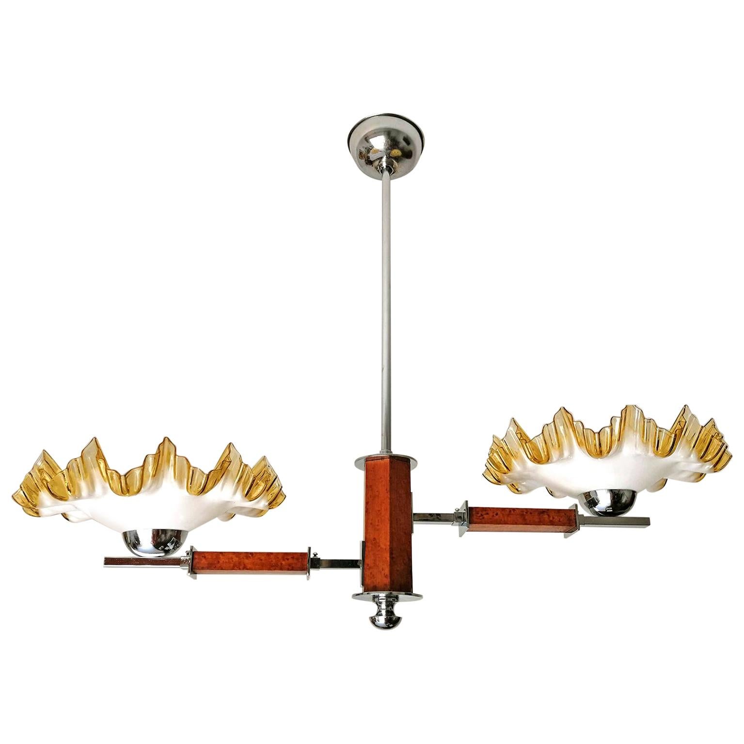 French Art Deco Opaline Ruffled Amber Art Glass Shades Wood & Chrome Chandelier For Sale