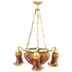 French Art Deco or Art Nouveau Amber and Pink Glass Gilt Chandelier Signed Gallé