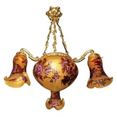 French Art Deco or Art Nouveau Amber and Pink Glass Gilt Chandelier Signed Gallé