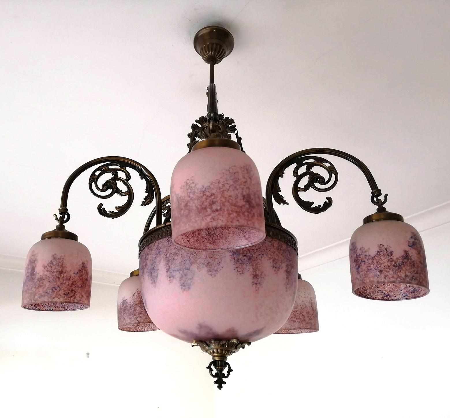 French Art Deco or Art Nouveau Pink Purple Glass Muller Freres Style Chandelier In Good Condition For Sale In Coimbra, PT