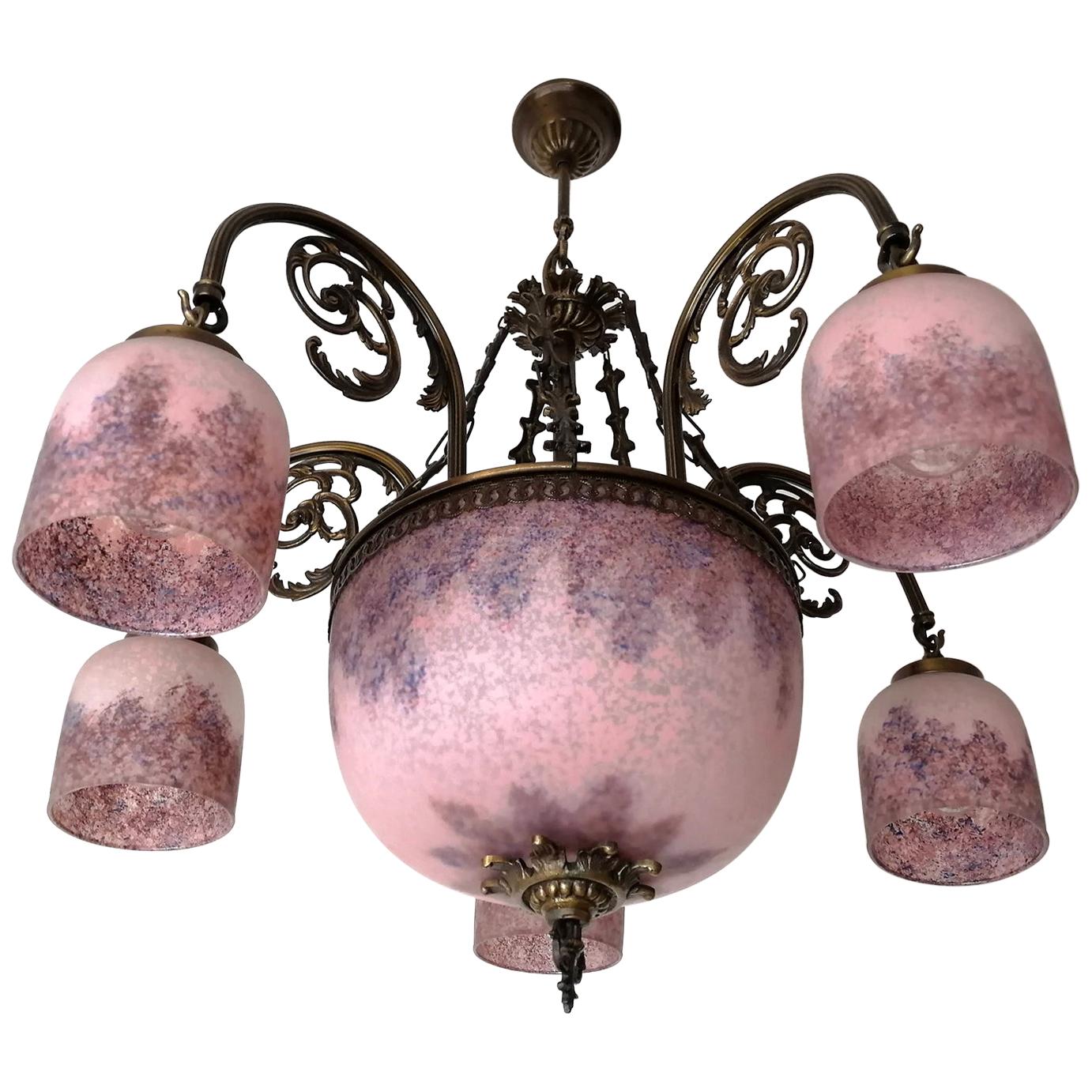 French Art Deco or Art Nouveau Pink Purple Glass Muller Freres Style Chandelier For Sale