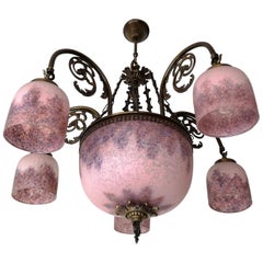 French Art Deco or Art Nouveau Pink Purple Glass Muller Freres Style Chandelier