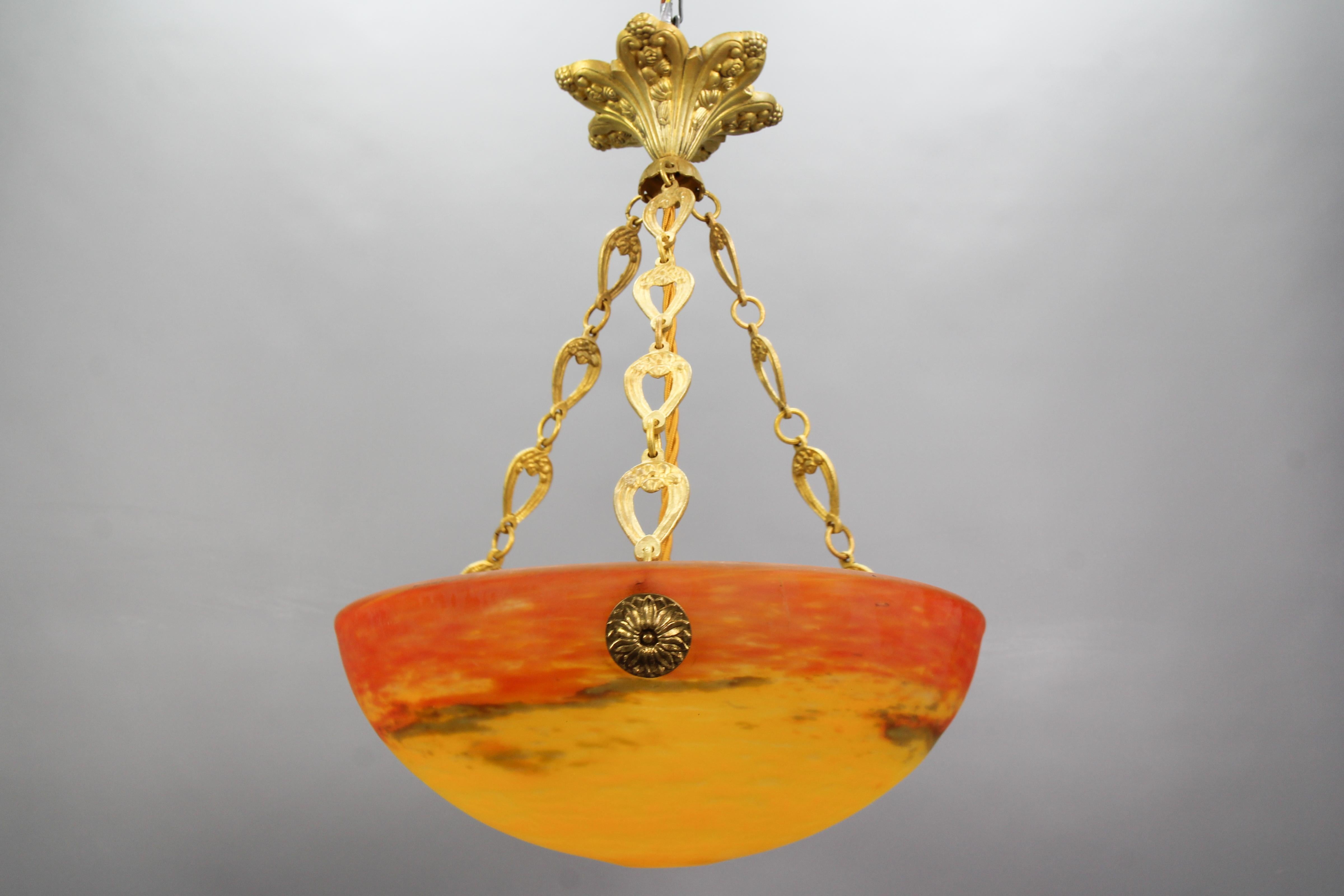 French Art Deco Orange Pendant Light by G.V. de Croismare, Muller Frères, 1920s In Good Condition In Barntrup, DE