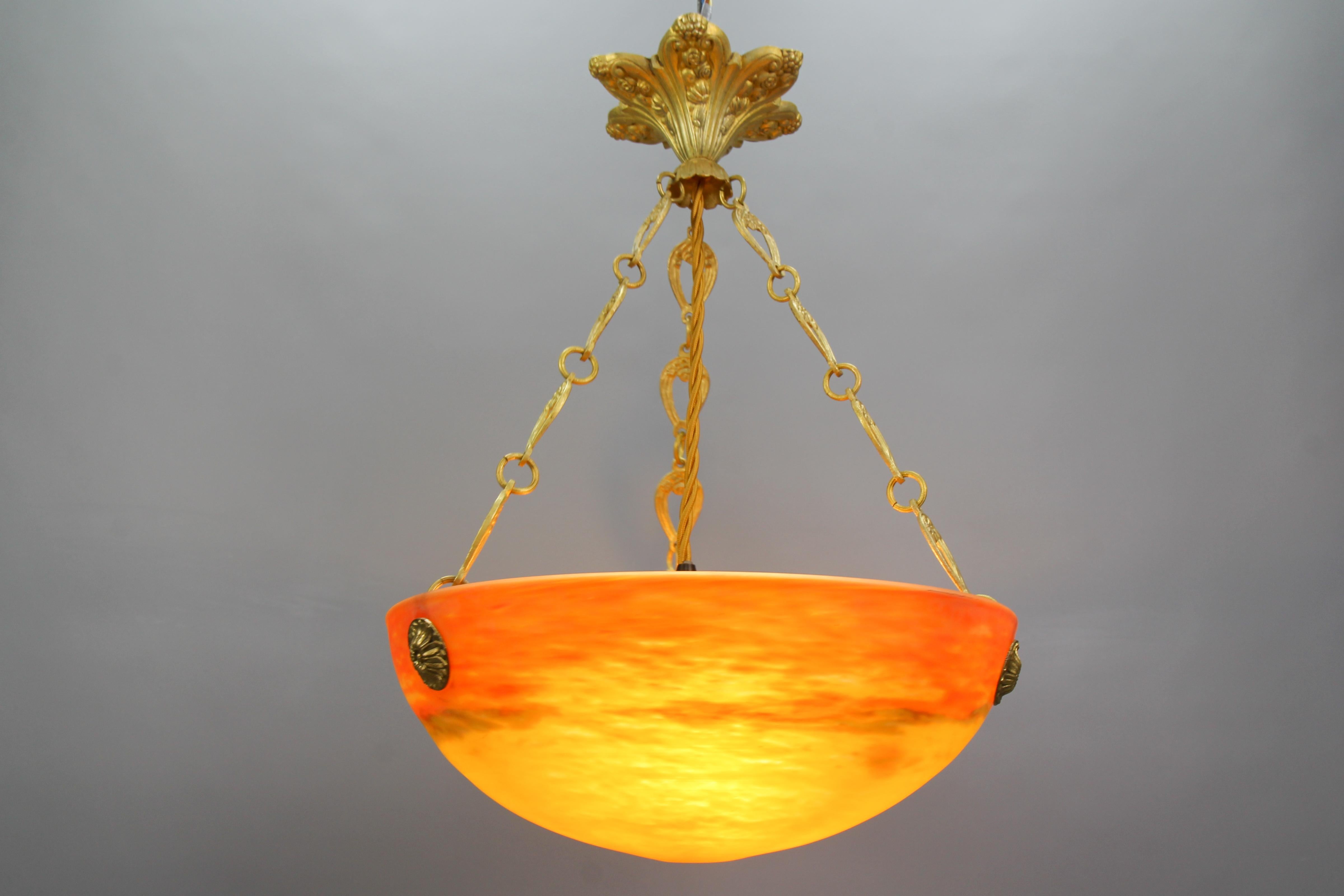 Metal French Art Deco Orange Pendant Light by G.V. de Croismare, Muller Frères, 1920s