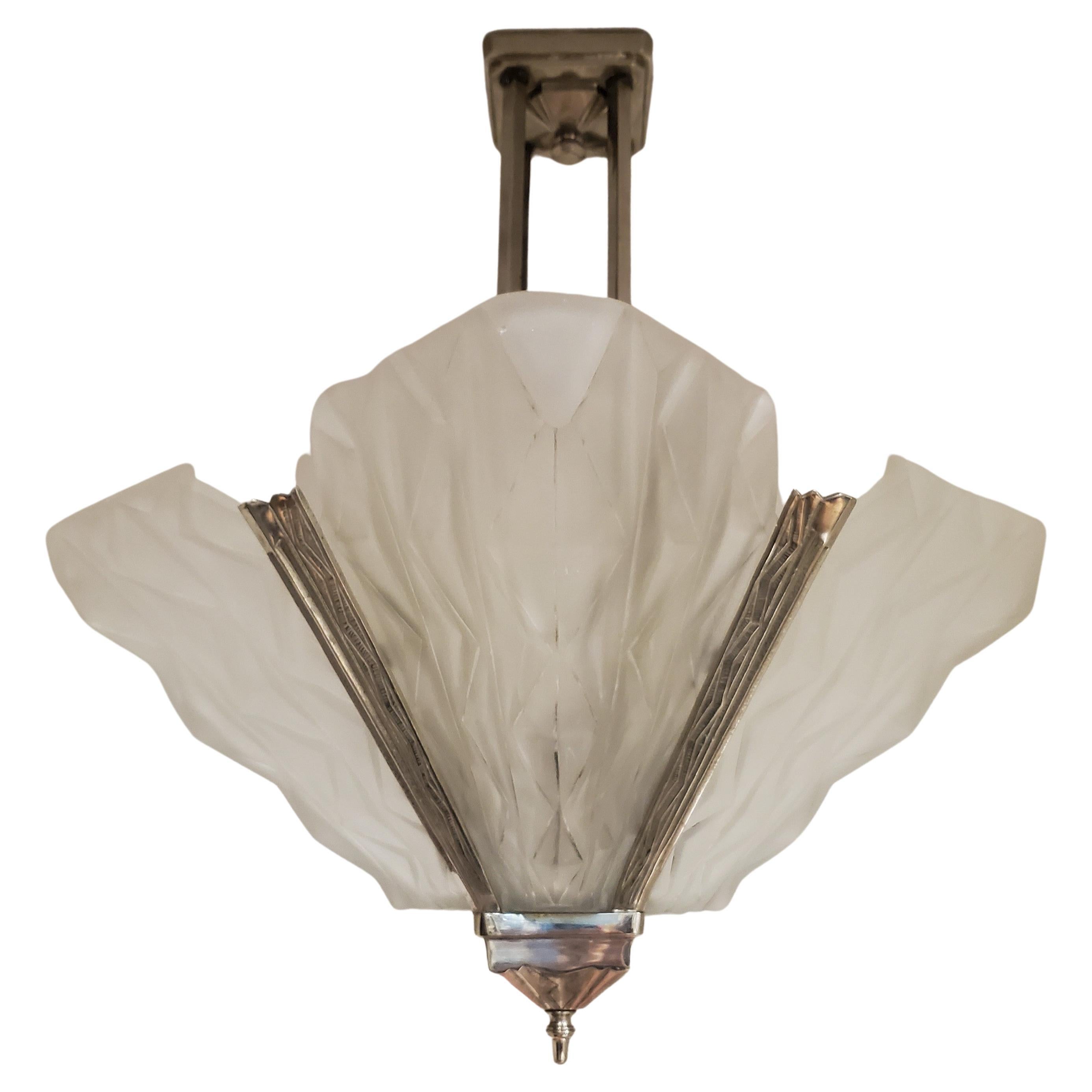 French Art Deco original 4 panel geometric frosted art glass chandelier by Degue For Sale 13
