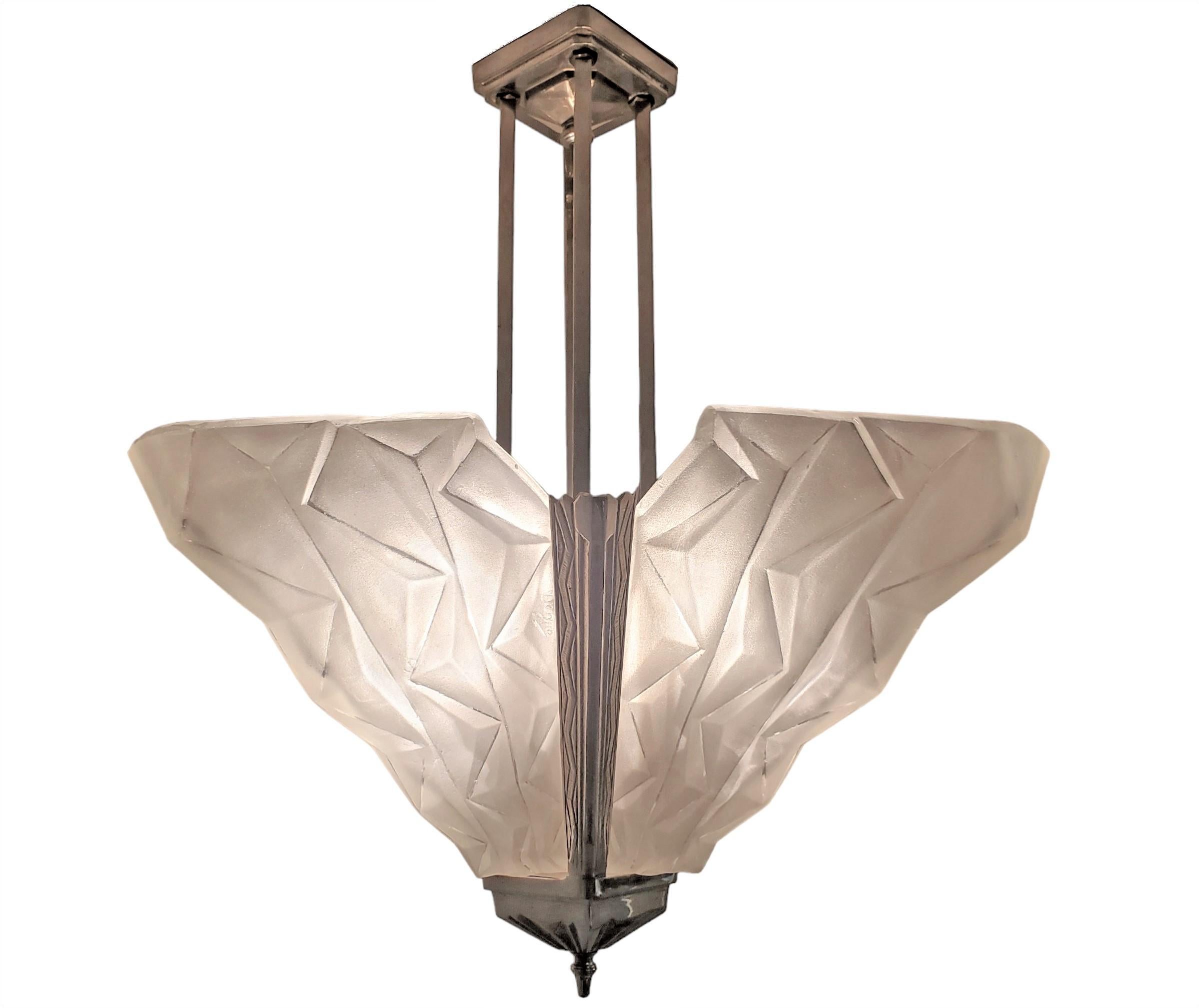 French Art Deco original 4 panel geometric frosted art glass chandelier by Degue For Sale 3