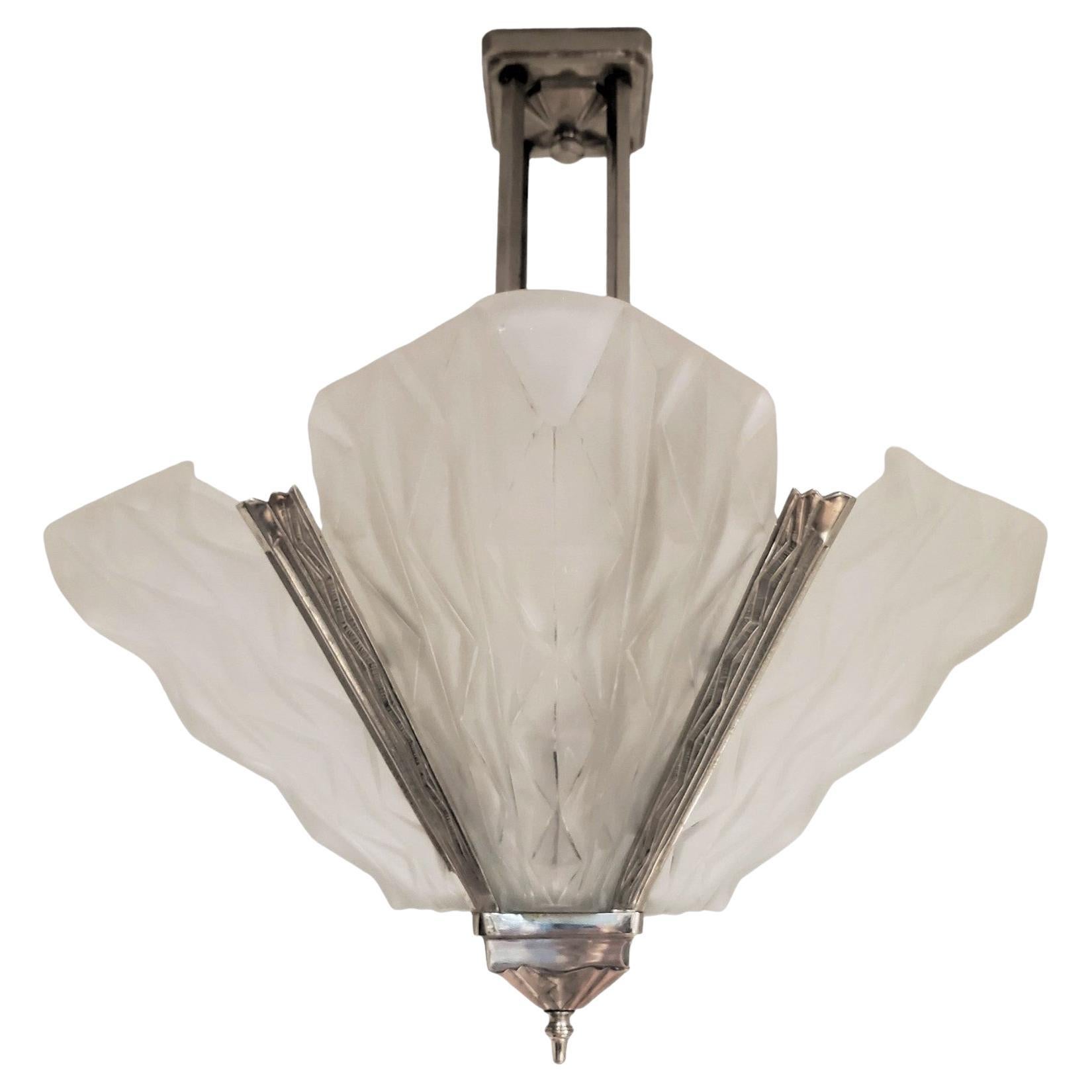 French Art Deco original 4 panel geometric frosted art glass chandelier by Degue For Sale
