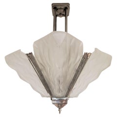 French Art Deco original 4 panel geometric frosted art glass chandelier by Degue