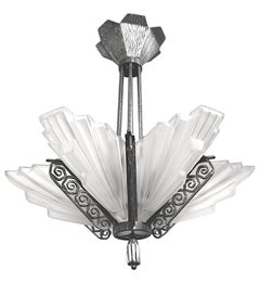 French Art Deco original art glass starburst chandelier signed Marius-E. Sabino