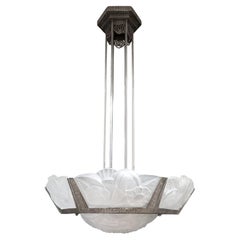 French Art Deco original frosted 6 panel art glass chandelier Signed Degué