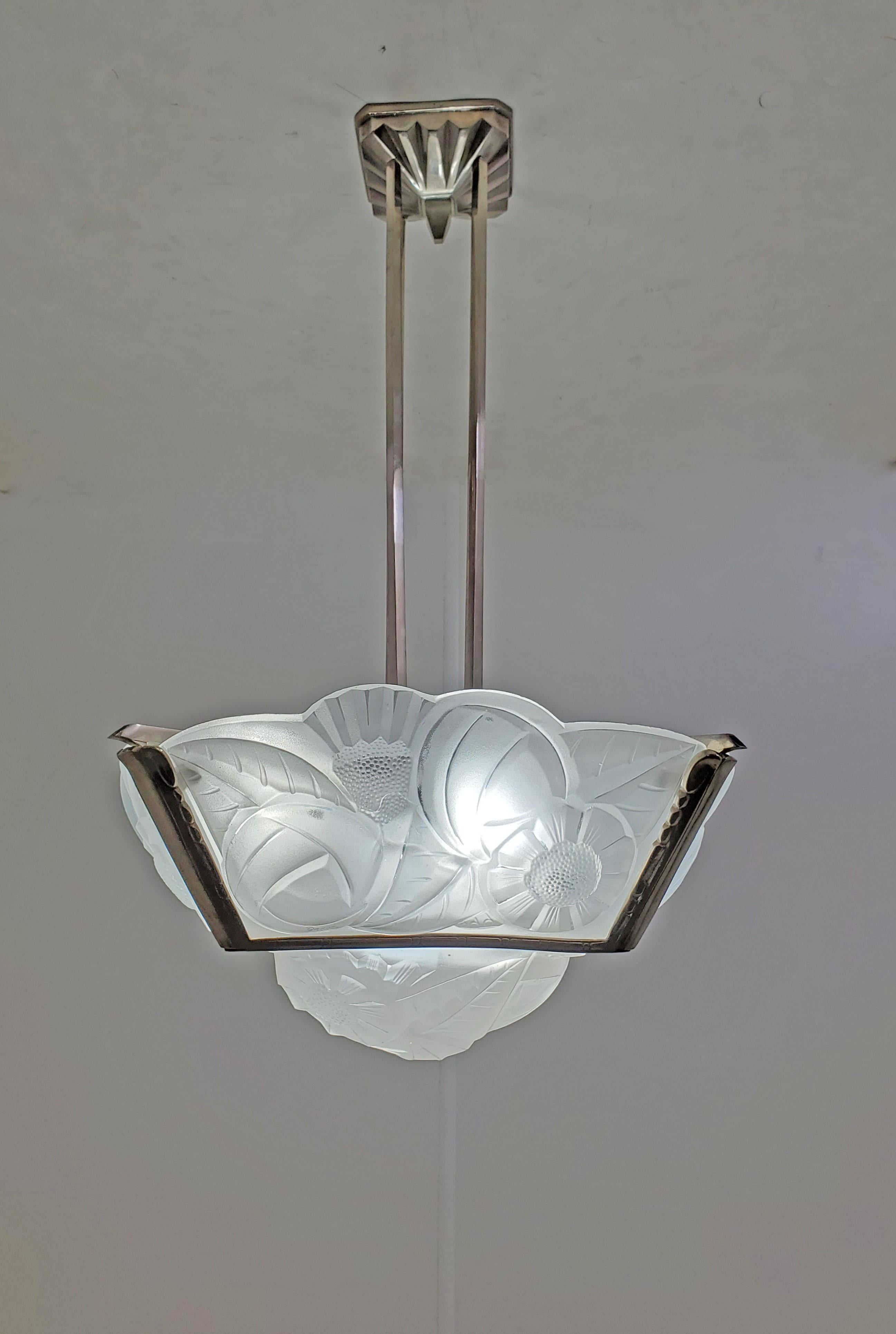 French Art Deco Original Frosted Art Glass Chandelier Signed Degue For Sale 10