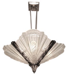 French Art Deco original frosted art glass nickel chandelier signed Frontisi