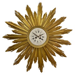 Vintage French Art Deco Ormolu "Bronze Dorée" Cartel Sunburst Wall Clock, Circa 1915