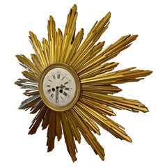 Reloj de Pared Art Decó Francés Ormolu "Bronze Dorée" Cartel Sunburst, Circa 1915