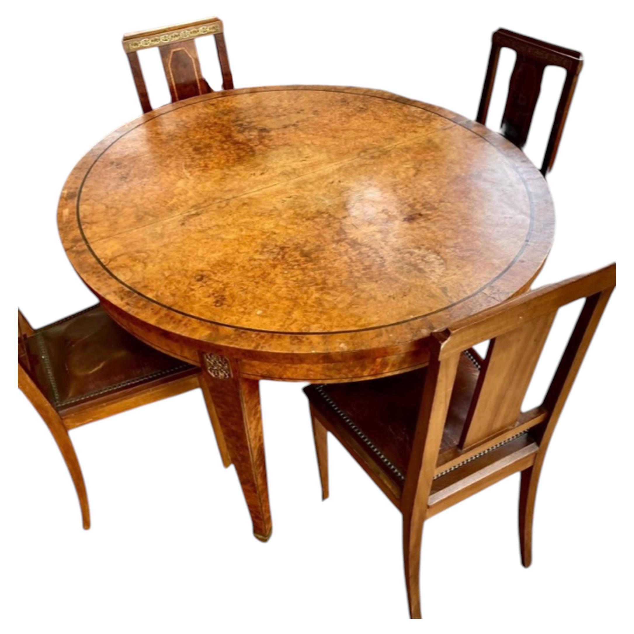 French Parisian Art Deco Ormolu Mounted Inlaid Oval Dining Table With Leaves