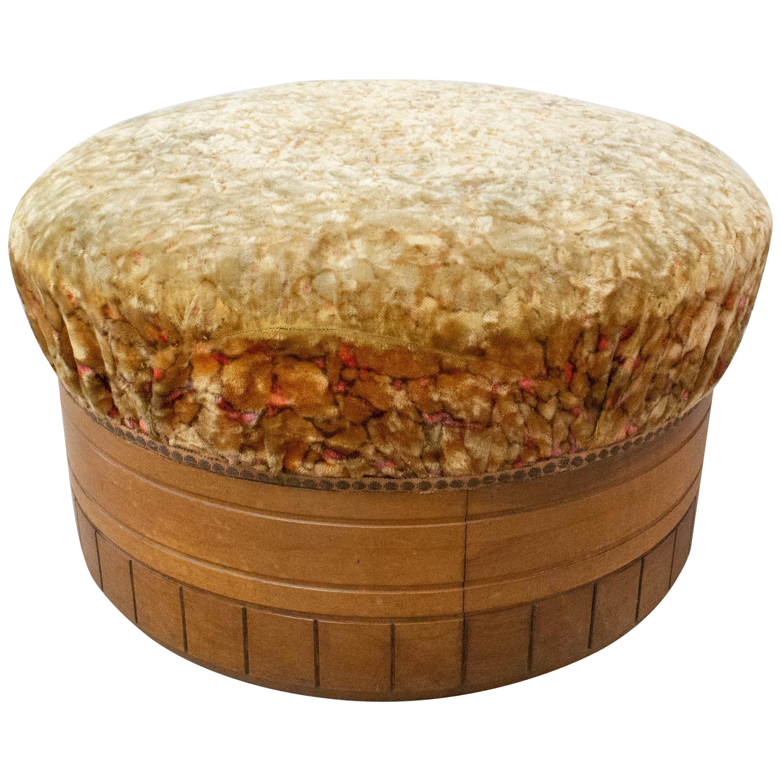 French Art Deco Ottoman Pouf Wood and Upholstery, Mid-century