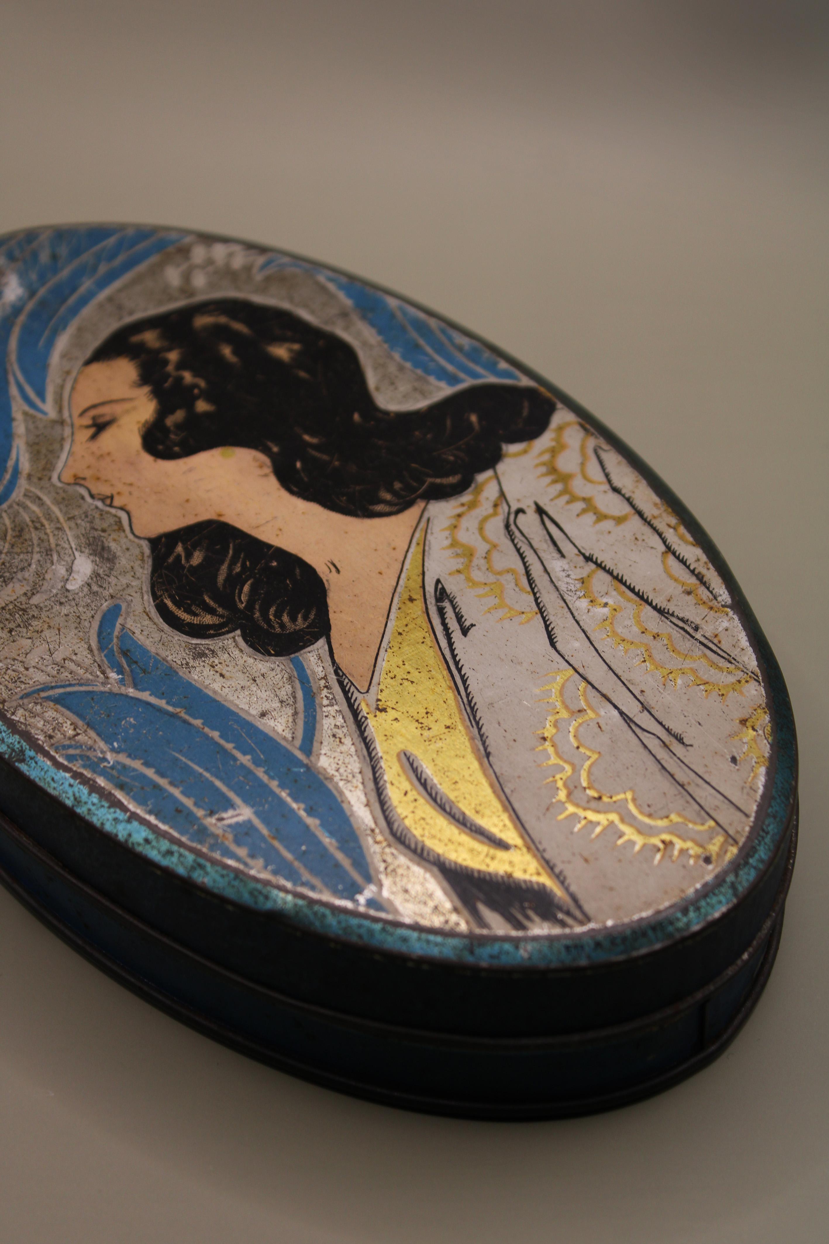 Aluminum French Art Deco Oval Advertising Box Chocolate Tin 1930's France For Sale