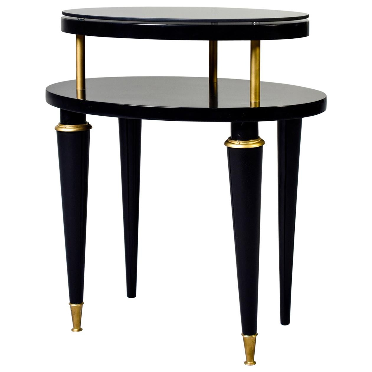 French Art Deco Oval Ebonized Side Table with Brass Trim